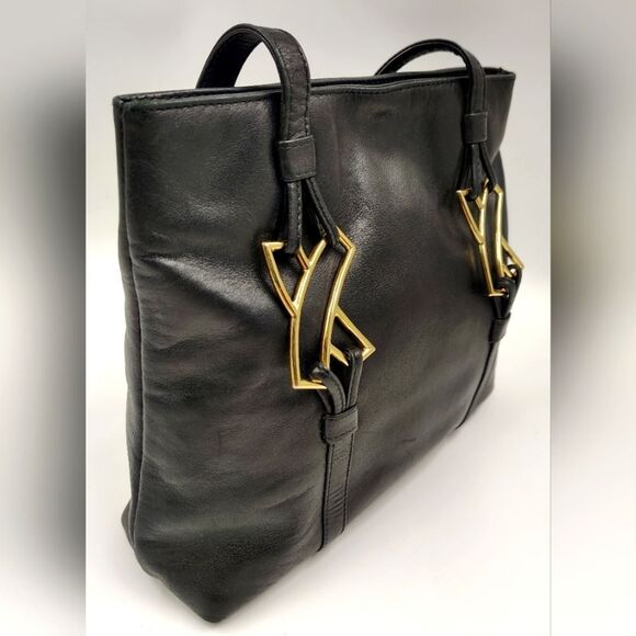 Paloma Picasso Vintage Black Leather Tote Bag Purse   w/Gold Accents - Picture 4 of 15